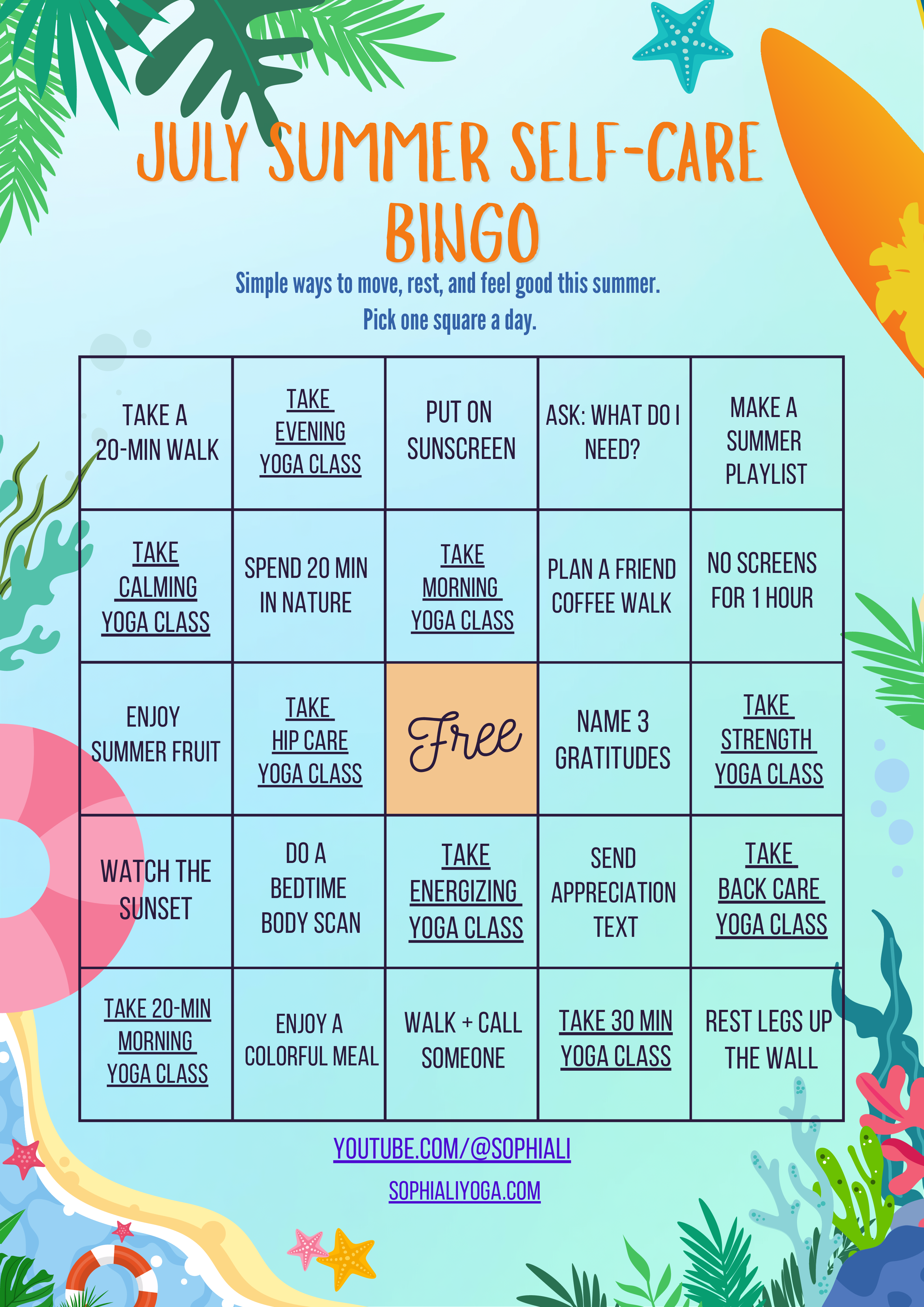 July Summer Self-Care Bingo printable card preview